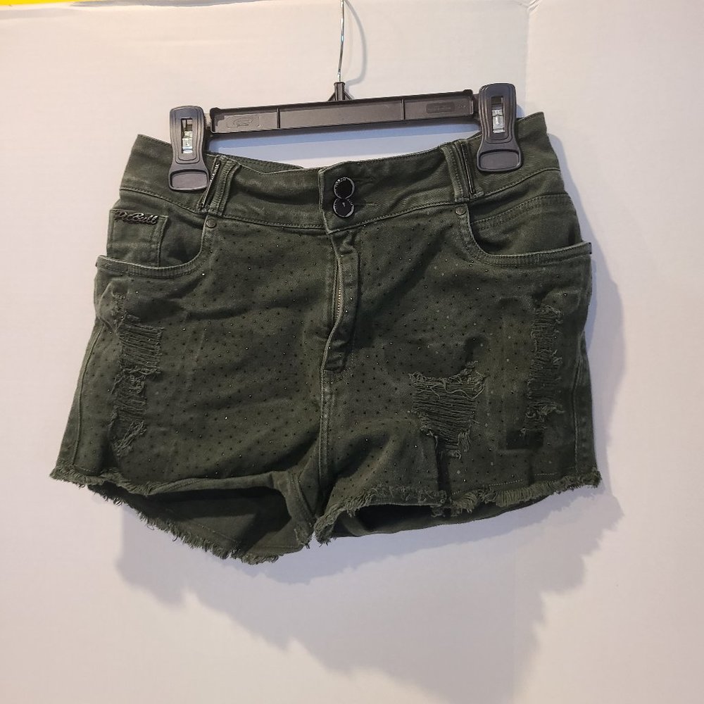 PITBULL JEANS-Colombian Butt Lift-Olive Green Denim Shorts-Distressed-Size 28